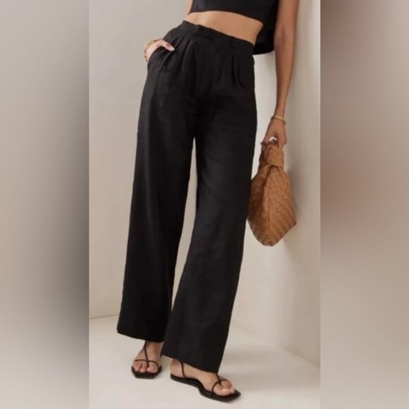 NWT ELIE TAHARI LINEN BLEND Wide Leg DARK NAVY Trousers ETR31124 97064 Sz 10